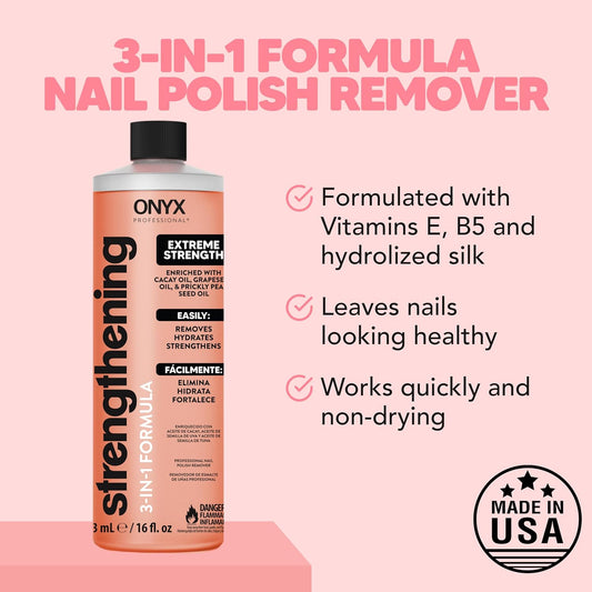 Onyx Professional 3-in-1 Strengthening Nail Polish Remover with 7 inch Nail File, 16 fl oz - Removes Nail Polish, Hydrates, Strengthens Nails | Infused with Grapeseed Oil, Cacay Oil, Cactus Seed Oil