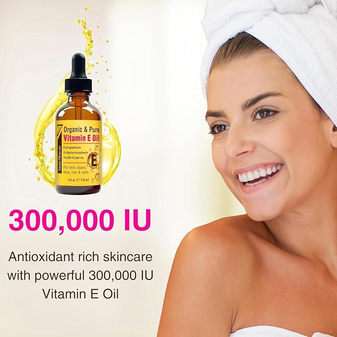 Seven Minerals Ultra Pure Vitamin E Oil - 300,000 IU Full-Spectrum D-Alpha Tocopherol per 4 Oz Bottle - 100% Organic Vitamin E Oil for Skin, Face, Hair, and Scars - Naturally Occurring = Not Synthetic