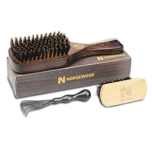 Boar Bristle Brush for Shine and Texture - Stiff Bristles for Medium Hair/Beards, Cleaning Brush Included