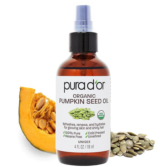 PURA D'OR 4 Oz Organic Pumpkin Seed Oil - 100% Pure USDA Certified Premium Grade Body Oil & Hair Growth Serum - After Shower Body Oil For Women & Men - Cold Pressed, Unrefined, Hexane-Free Skin Oil
