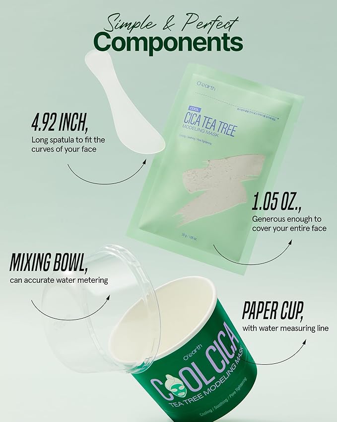 O’earth Cool Cica Tea Tree Modeling Mask- Rapid Cooling & Pore Tightening Korean DIY Home Spa Mask - Easy to Use - Hydrating & Deep Pore Cleansing, Pack of 3, 1.01oz.
