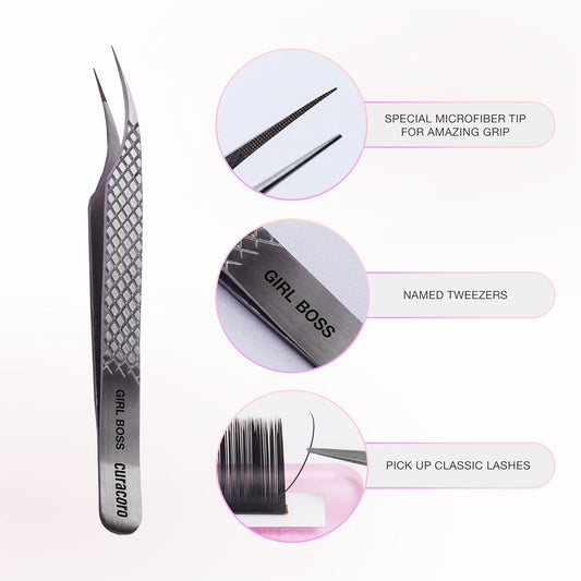 Curacoro Lash Tweezer - Professional & Precision Fiber Tip Grip Lash Tweezers for Eyelash Extensions, Multi Shapes & Purposes Tweezers for Volume, Isolation & Classic Lashes (Silver, Girl Boss)
