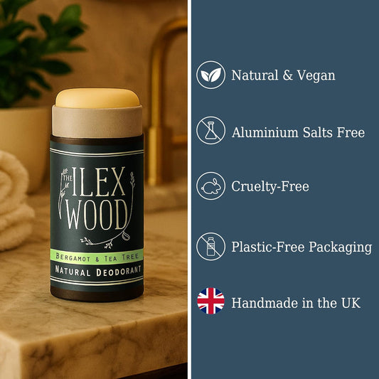 The Ilex Wood - Bergamot and Tea Tree Natural Deodorant - 2.4 fl oz. Natural Deo in Recyclable Cardboard Tube, Vegan, no Plastic, no Alcohol, no Toxins, no Aluminium Salts & Cruelty Free for Women & Men.