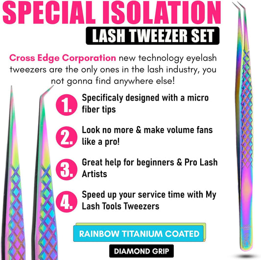 2pcs Curved & Straight Isolation Tweezers for Eyelash Extensions – 14cm Japanese Stainless Steel, Diamond Grip Non Slip Grip, Rainbow Set, Best for Classic & Individual Lashes