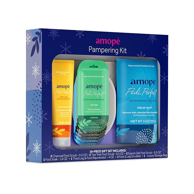 Amopé Pampering Kit - Contains Charcoal Foot Scrub, Tea Tree Foot Scrub, Epsom Salt Foot Scrub, Invigorating Foot Soak, Tired Leg & Foot Rejuvenator, Foot & Leg Scrubber and Luxury Storage Bag