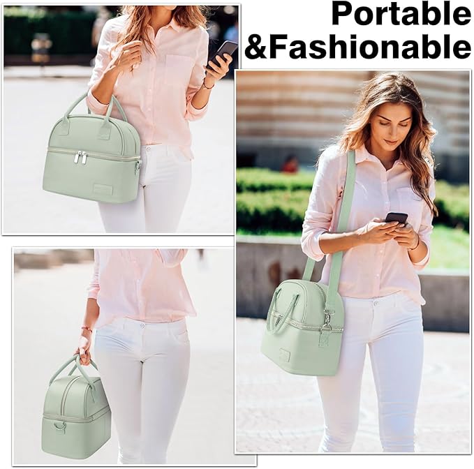 BALORAY Lunch Bag for Women Men, Double Deck Lunch Box for Adults, PU Leather Lunch Tote Bag Insulated Lunch Bags with Strap for Work Office Picnic