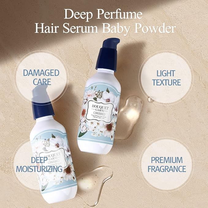 Bouquet Garni Deep Perfume Hair Serum Baby Scent Fragrance - Anti-Frizz Hair, Quick Absorption, Long-lasting (Containing Amino acids, Proteins, Hyaluronic Acids, Vegan Oils) - 3.4 oz