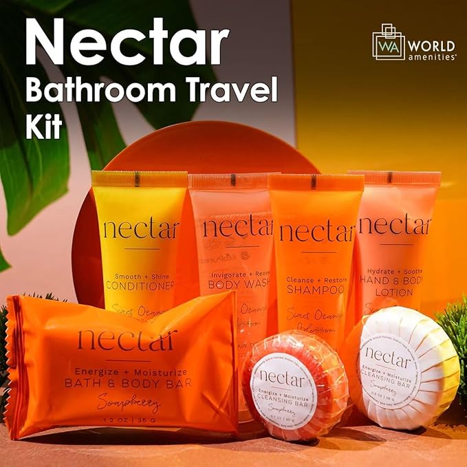 Nectar Mini Travel Size Toiletries Bathroom Kit | Sweet Orange Blossom| Shampoo, Conditioner, Body Wash, Lotion, Two Round Cleansing Bars and Body Bar