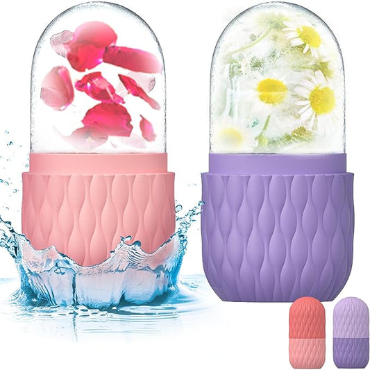 2 Pack Ice Roller for Face and Eye, Skin Care for Shrink Pores Reduce Puffiness, Nursing Tool for Fever, Redness and Swelling, Ice Cube, Ice Mold, Ice Stick, Ice Holder for Face Women Men Pink-Purple
