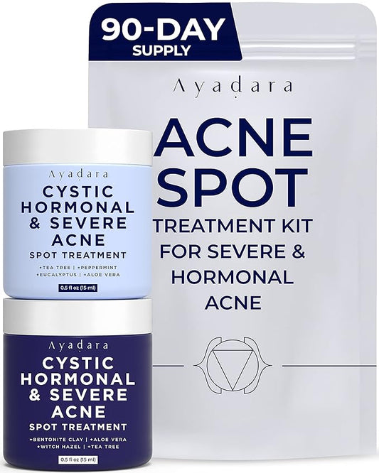 Day & Night Cystic Acne Spot Treatment, Hormonal Acne Treatment For Daytime & Overnight, Severe Acne, Cystic Acne Treatment for Face, Pimple Cream Tea Tree Bentonite Clay, 90 Day Supply