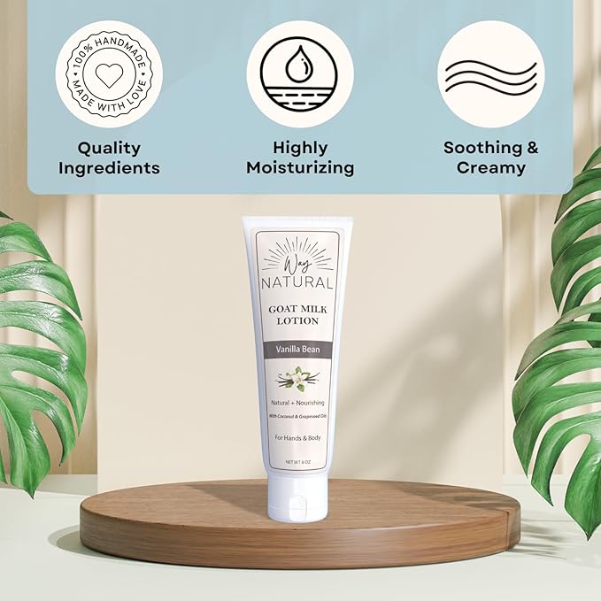 Goat Milk Lotion, Vanilla Bean - Home & Away Set, Natural, Body/Hand - Goat Milk Hand Cream for Women and Men - Dry Skin Relief - Vanilla Lotion - 8oz & 2oz Travel Size Tube