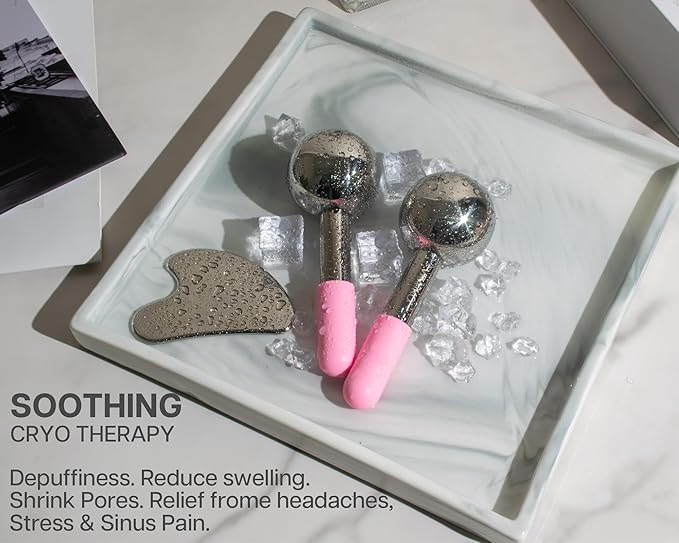 ICE Globes for Facials & Gua Sha Set, Gua Sha Facial Tools and Cryo Sticks with Unbreakable Steel, Face Massager Cooling Rollers for Dark Circles, Puffiness and Lymphatic Drainage (Pink)