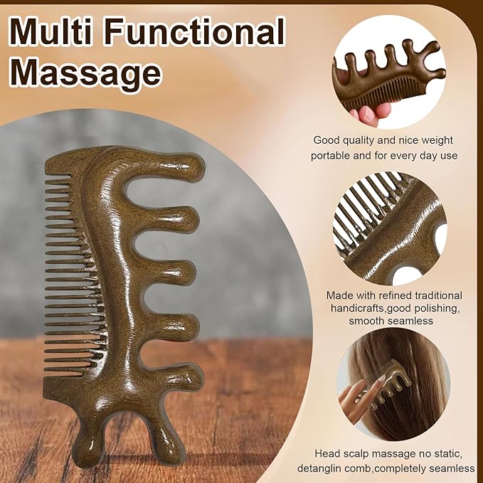 Wooden Massage Comb, Sandalwood Head Scalp Massage ToolNo Static Wide Tooth Scalp Stimulator Gua Sha Body Hair Comb for Men Women