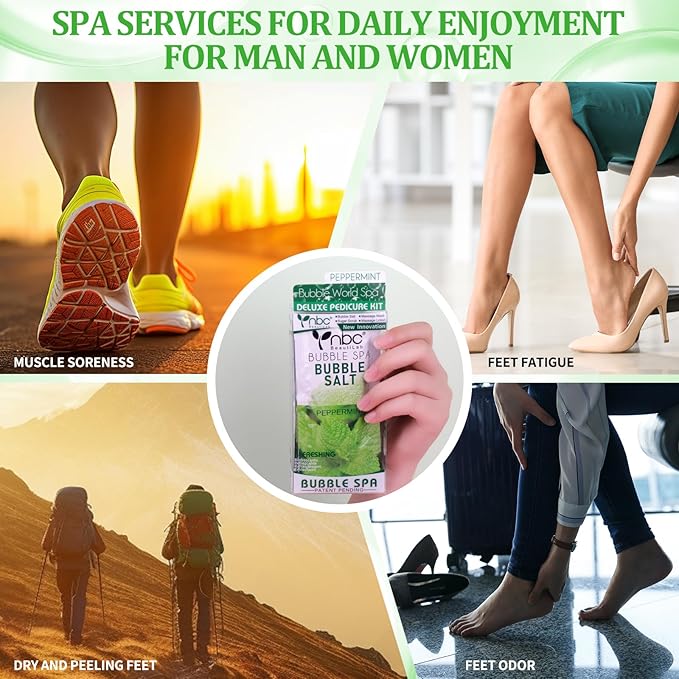 Pedicure Kit Foot Soak Set: Bubble Salt, Sugar Scrub, Massage Mask, Massage Lotion in a Box, 4 Step Foot Spa Kit for Dry Feet, Calluses and Tired Feet（3 Set Peppermint）