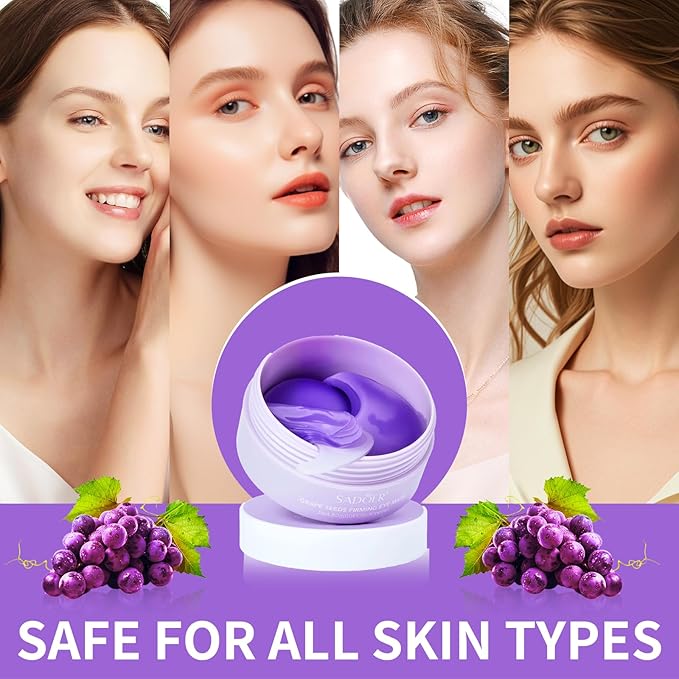 Under Eye Patches，Natural Hydrating Eye Patches with Grape Extracts to Relieve Puffy Eyes & Dark Circles (60 Pcs), Rich in Collagen for Anti-wrinkle, Fine Line Reduction & Moisturization