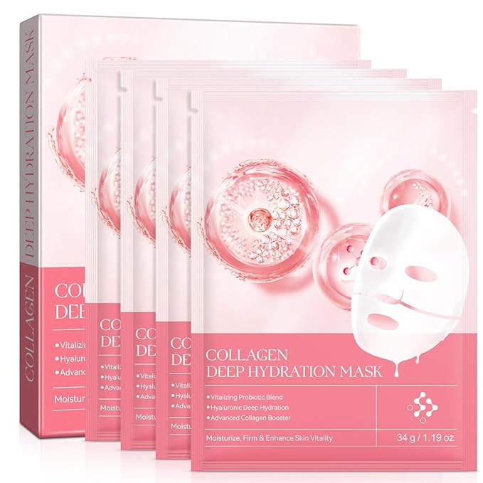 Collagen Face Mask, Hydrating Overnight Hydrogel Collagen Mask for Women, Deep Collagen Anti Wrinkle Lifting Mask for All Skin Types, Pore Minimizing, Elasticity Improvement, 34g x4ea