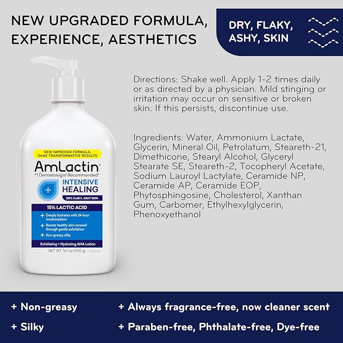 AmLactin Intensive Healing Body Lotion for Dry Skin, 14.1 oz Pump Bottle, 2-in-1 Exfoliator & Moisturizer with Ceramides & 15% Lactic Acid for Relief from Dry Skin (Packaging May Vary)