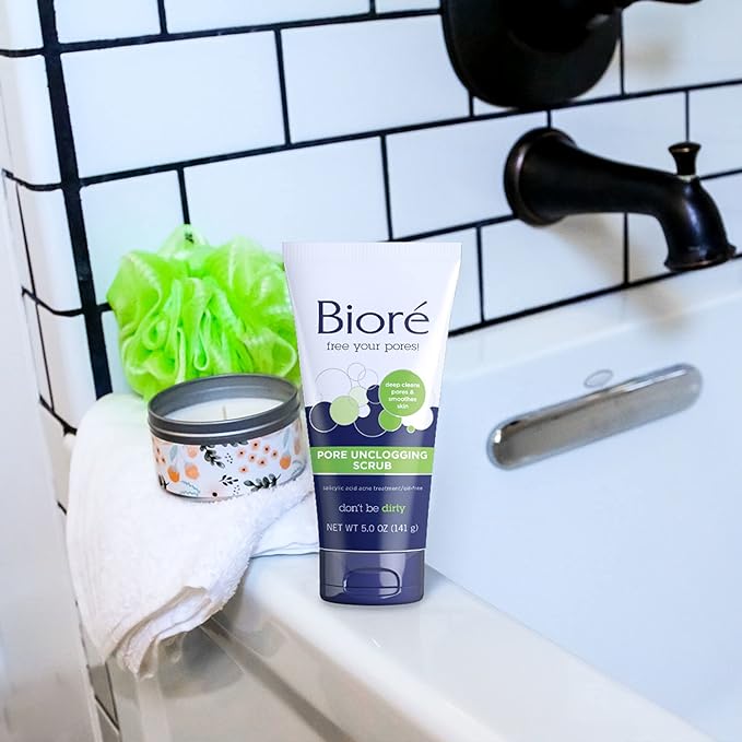Bioré Pore Unclogging Scrub, Removes Excess Dirt and Oils, Face Scrub, with Salicylic Acid, Oil Free, (HSA/FSA Approved), 5 Ounces