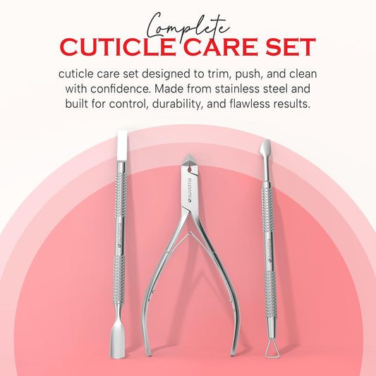 Cuticle Nippers with Cuticle Pusher, Nail Scraper and Gel Remover – Professional Stainless Steel Cuticle Trimmer Set for Manicure - Cuticle Set for Fingernails and Dead Skin (Silver, 3 PCS)