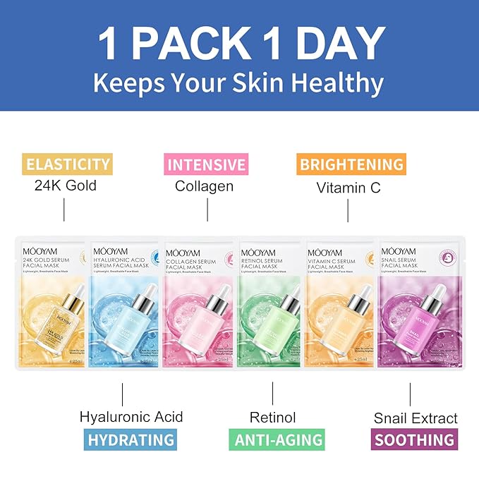 Face Masks Skincare, 12 Pack Snail Serum Sheet Masks - Hydrating & Smoothing, Moisturizing & Nourishing for All Skin Types