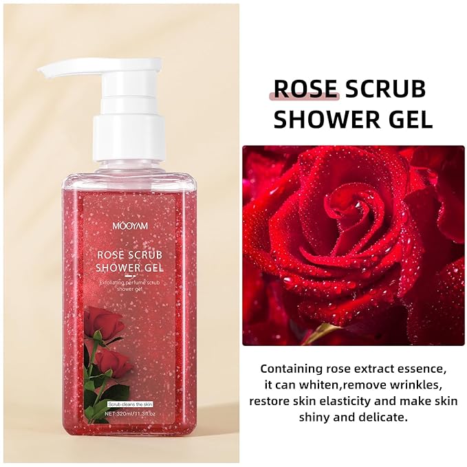 2-in-1 Body Wash & Body Scrub Rose (11.3fl.oz), Gentle Exfoliating Scrub for Deep Cleansing, Effective on Acne & Dead Skin, Brighten & Moisturize Skin Polishes