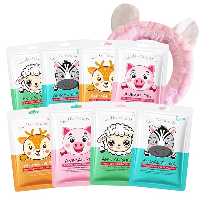 8pcs Animal Character Sheet Facial Masks - Face Masks Skincare Korean - Hydrating Face Masks - Korean Skin Care Mask - Hydrate,Soothe,Firm -Teen Girl Gift Easter Gifts for Women with Bunny Headband