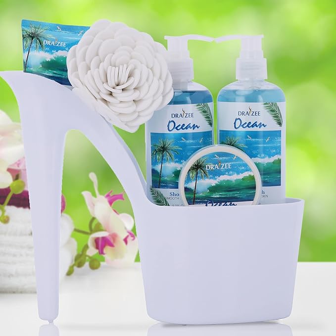Draizee Mothers Day Gifts for Mom - Spa Gift Baskets for Women - 8 Pcs Luxury Ocean Scented Heel Shoe Design Bath and Body Spa Set-Self Care Package for Women, Presents for Mom, Body Care Set for Her