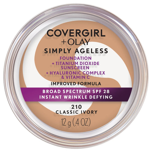 COVERGIRL+OLAY Simply Ageless Instant Wrinkle-Defying Foundation 210 Classic Ivory 0.44 Fl Oz & Simply Ageless 3-in-1 Liquid Foundation Classic Ivory