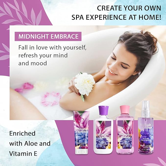 Midnight Embrace Bath & Body Kit, 3 Fl Oz, Ideal Skincare Gift Home Spa Set, Includes Body Lotion, Shower Gel, Body Cream, and Fragrance Mist, Birthday Mother's Day Gifts