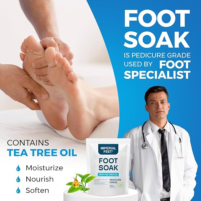 Epsom Salt Foot Soak w Tea Tree for Foot Bath (Pedicure Grade) - for Toenail Repair, Athletes Foot, Softens Calluses, Sore & Tired Feet, Nail Discoloration Foot Soak Salts, Smelly Foot Therapy16oz