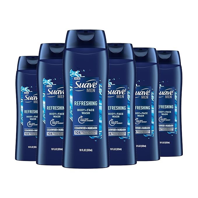 Suave Men Moisturizing Body & Face Wash, With Cedarwood and Mandarin Scent, No Parabens, No Phtahaltes, 18 Oz Pack of 6