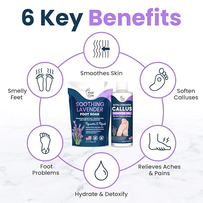 Lavender Foot Soak & Callus Remover Gel Kit - Extra Strength Callus Remover Gel for Feet, Remove Calluses with Epsom Salts, Dry Cracked Heels & Tea Tree Oil Foot Cream - Moisturizing Athletes Foot
