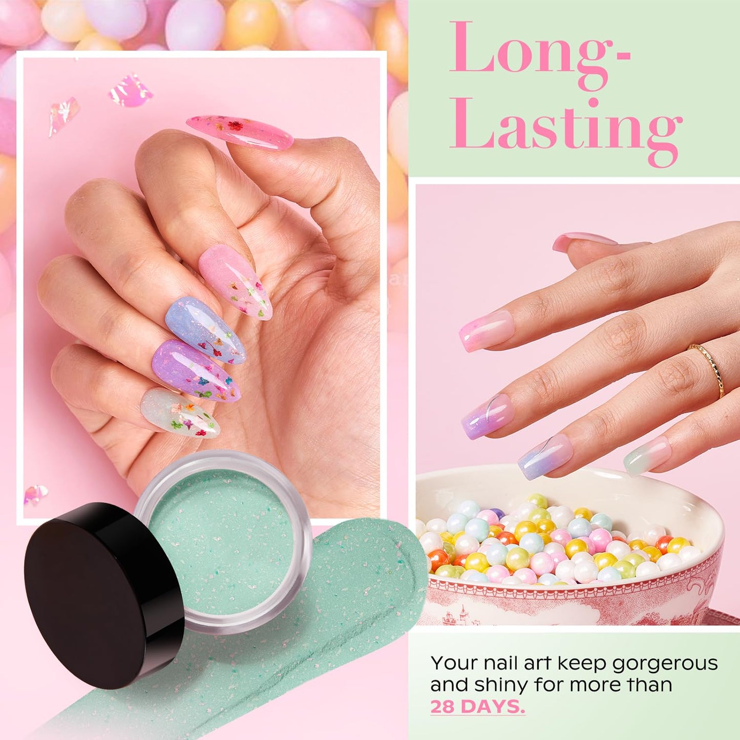 AZUREBEAUTY Dip Powder Nail Set, Clear Pink Coral Violet Blue Green Pastel Shades with Sparkling Aluminum Foil, 6 Colors Dipping Powder Starter Kit Nail Art Manicure Salon, No Need Nail Lamp Cured