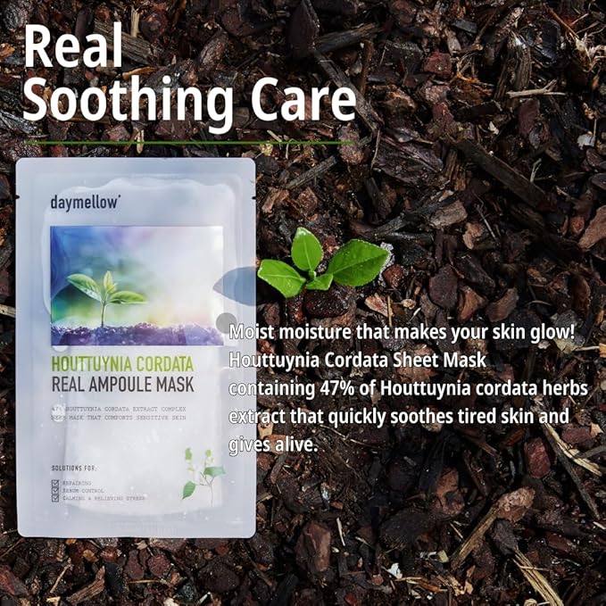 Daymellow Sheet Mask 5PACK, Houttuynia Cordata Real Ampoule Masks, Face Sheet Mask, Heartleaf, Panthenol, Tea Tree, Hydrating, Acne, Soothes, Redness, Deep Moisturizing, Korean Skincare