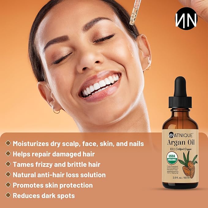 Argan Oil Organic 2oz 100% Natural USDA Argan Oil for Hair, Face, Body, Scalp & Skin. Promotes Hair Growth, Cold Pressed, 100% Pure Hexane Free Moisturizer - Men & Women