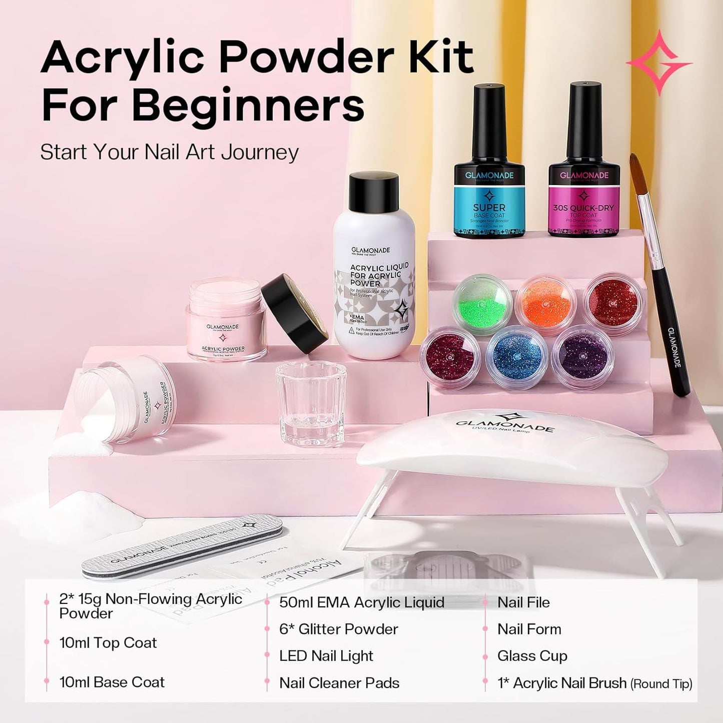 Acrylic Nail Kit for Beginners: Clear Pink Acrylic Powder Set Professional Nails Kit Acrylic Set with UV Light and Glitter Powder for Home DIY