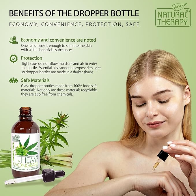 Natural Therapy Body Oil with Hemp & Lemongrass - Dry Skin Moisturizer and Hydrating Massage Oil - Increase Skin Elasticity and Provide Anti-Aging Support for Face and Body (4 fl.oz)