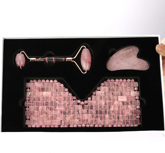 ideayard Rose Quartz Eye Mask & Face Roller and Gua Sha 3-in-1, Real Natural AAA Rose Quartz for Skin Care SPA Facial