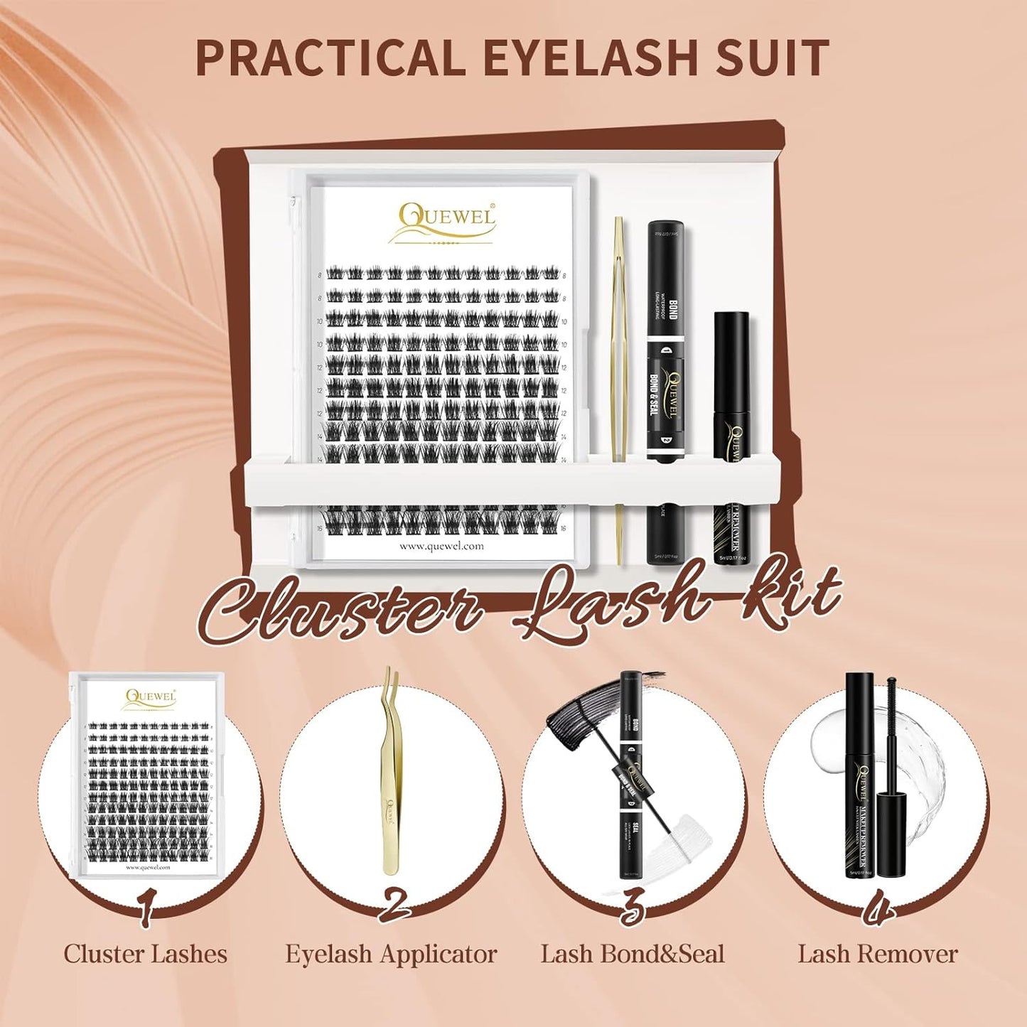 QUEWEL DIY Eyelash Extensions Kit, 144 Pcs Lash Clusters Eyelash Applicator Tool, Super Hold Bond and Seal, Clusters Lash Glue Remover Easy to Apply at Home(FD-QU-H-3D-02)
