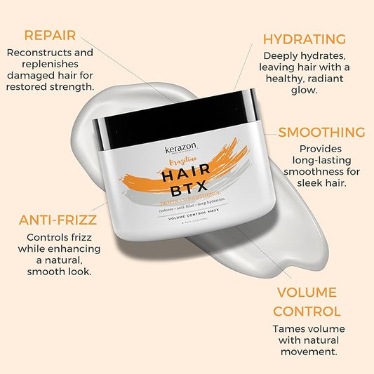 KERAZON Brazilian Hair BTX Treatment Mask 8oz 236ml provides repair for damaged, dry, smoothing, deep conditioning and hydration, nutrition, shine, softness, volume control and smoothness.