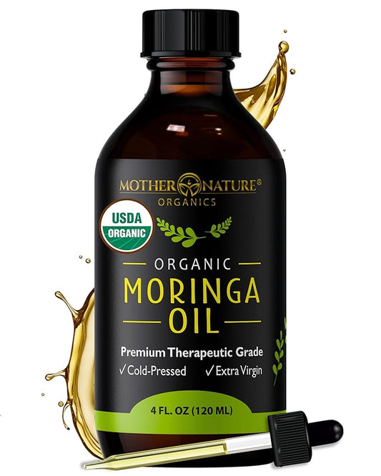 Mother Nature USDA Organic Moringa Seed Oil, 100% Pure, Cold-Pressed, Unrefined Oil for Face, Skin Care & Hair Growth, Aceite de Moringa para la Cara, Anti-Aging. Non-GMO & Gluten Free (4 Oz)