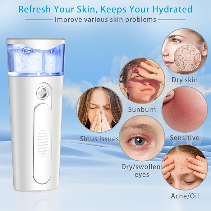 Portable Nano Face Mister, Facial Steamer, USB Rechargeable Cool Mist Sprayer, 40ml Visual Water Tank, Nano Mister for Eyelash Extensions, Facial Deep Cleaning, Makeup (White)