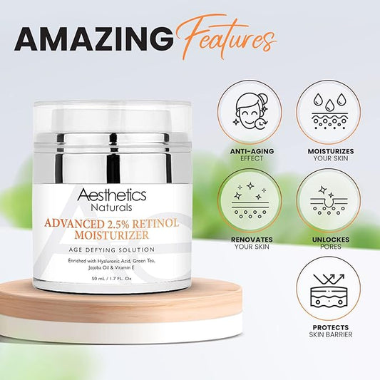 Retinol Cream - Anti-Aging Face & Neck Moisturizer with 2.5% Retinol, Vitamin E, Green Tea, Hyaluronic Acid, Organic Jojoba Oil, & Shea Butter, Day & Night Anti-Wrinkle Cream 1.7oz