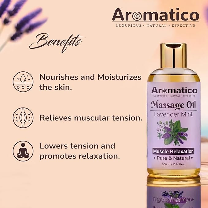 AROMATICO Soothing Massage Oil with Lavender & Peppermint Essential Oils. Natural Power of Sesame, Almond & Jojoba Oils. Non-Sticky Formula with Safe & Natural Ingredients – 10 Fl Oz