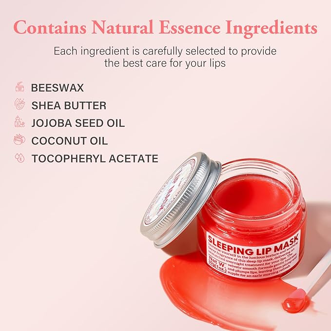 Natural Sleeping Lip Mask - Mineral Oil-Free Formula Enriched with Vitamin E, Jojoba, Shea Butter, and Coconut Oil - Overnight Treatment for Dry, Chapped Lips, 1.05oz
