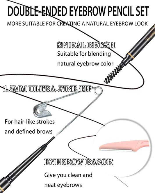 Black Eye Brow Pencils for Women, 6Pcs Waterproof Eyebrow Pencil, 1.5mm Micro-Fine Tip & Spiral Brush with Brow Razors Perfect for Creating a Natural and Delicate Eyebrow Look Makeup