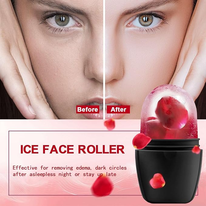 XHJRI Ice Face Roller Massager,Ice Cube Roller for Face, Eyes and Neck Naturally Conditioning and Skin Care,De-Puff Eye Bags,Reduce Migraine Pain,Reusable Massage Silicone Ice Mold (New Black)
