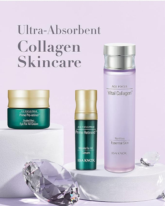 Spring Event ISA KNOX AGE FOCUS VITAL COLLAGEN Essential Toner by LG Beauty, PRIME Wrinkle For All Serum & PRIME Eye For All Cream (177 ml/5.99 fl oz) - Korean Skin Care by LG Beauty.