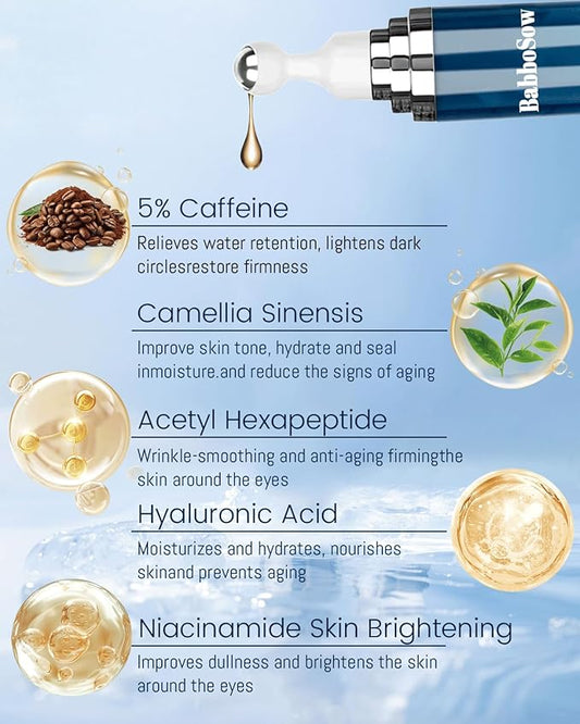 Caffeine Eye Cream and 24K Gold Eye Mask (20 pcs): Under Eye Serum for Dark Circles and Puffiness Eye Care Eye Serum Anti Aging with 360° Massage Ball Reduce Eye Bags, Wrinkles and Fine Lines