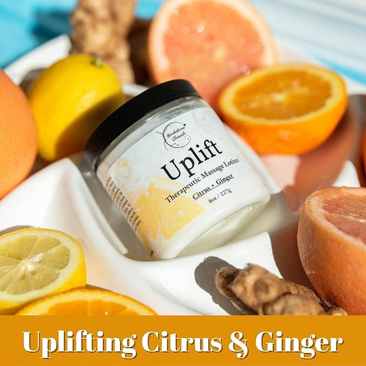 Uplift Massage Lotion for Massage Therapy & Home Use. Moisturizing Cream for Effortless Glide. Shea Butter, Coconut Oil, Aloe Vera & Ginger Citrus Essential Oils - Brookethorne Naturals